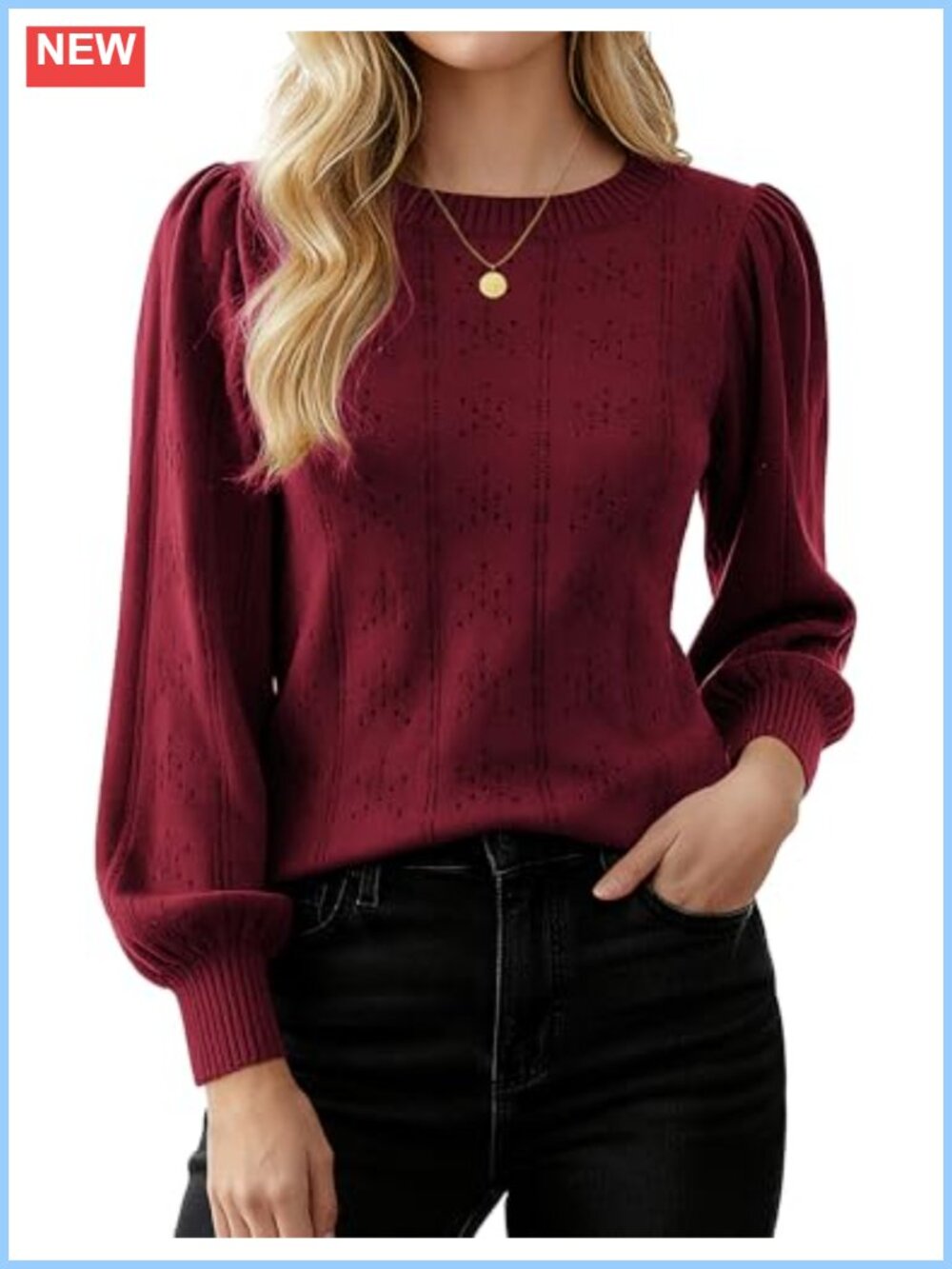 Puff Long Sleeve Crochet Knit Pullover Sweater Slim Fit Pleated Waist